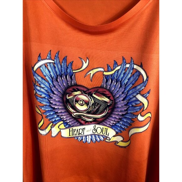 Orange Gildan Heart And Soul T-Shirt With Winged Motorcycle Engine Graphic Print - Picture 2 of 6